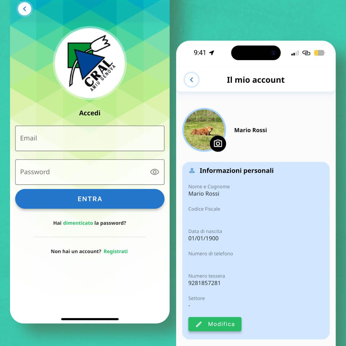 /cmsMockup delle schermate log in e profilo dell'app Cral Amiu