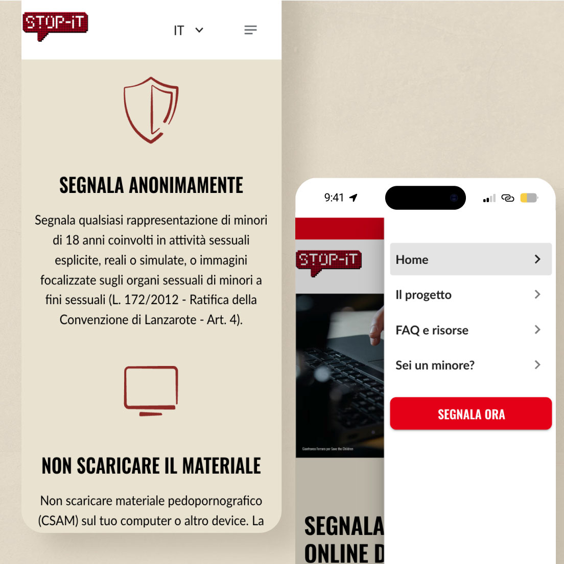 /cmsSchermate mobile delle pagine principali del sito stop-it