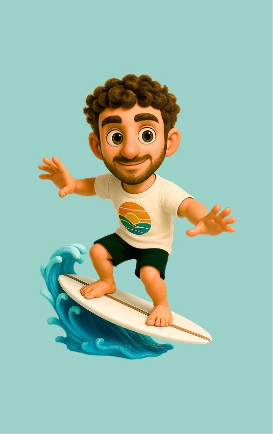 Immagine stilizzata in versione cartoon del nostro app developer Alessandro, alle prese con un'onda sulla sua tavola da surf
