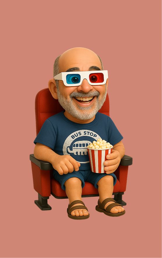 Immagine stilizzata in versione cartoon del nostro full staack developer Carlo intento a guardare un film e a sgranocchiare pop-corn al cinema