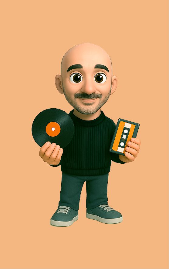 Immagine stilizzata in versione cartoon del nostro UX/UI Designer Giorgio appassionato di musica con un vinile e un'audiocassetta in mano