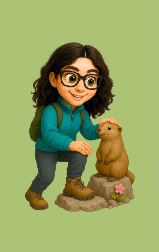 Immagine stilizzata versione cartoon di Giulia, Designer e Project manager, intenta nella sua attività preferita, fare trekking e accarezzare animali (in questo caso una marmotta).