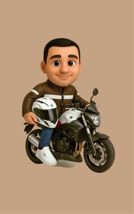 Immagine stilizzata in versione cartoon del nostro Leonard, Designer e Frontend developer a cavalcioni della sua moto