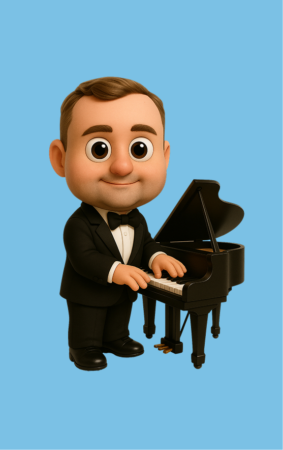 Immagine stilizzata in versione cartoon del nostro backend developer Matteo intento a suonare il pianoforte 
