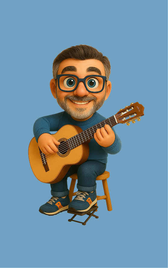 Immagine stilizzata in versione cartoon del nostro Ceo Michele, intento nel suo passatempo preferito, suonare la chitarra
