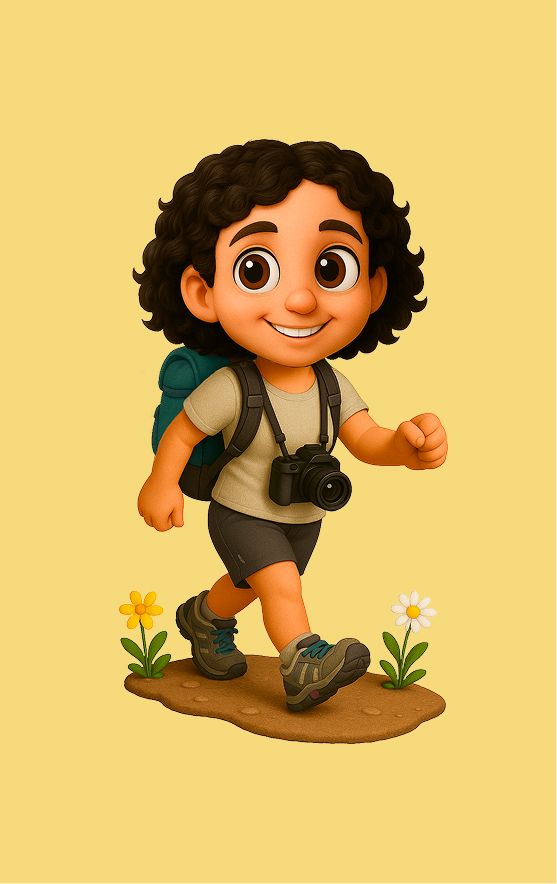 Immagine stilizzata in versione cartoon di Paola impiegata amministrativa, intenta nel suo passatempo preferito, fare trekking e scattare. fotografie nella natura.