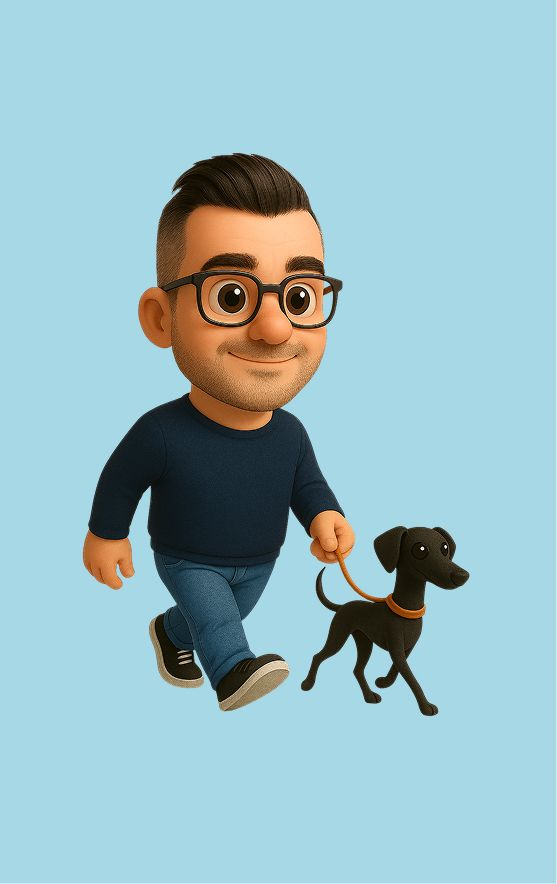 Immagine stilizzata di Riccardo, il nostro full-stack developer mentre porta a spasso la sua cagnolina