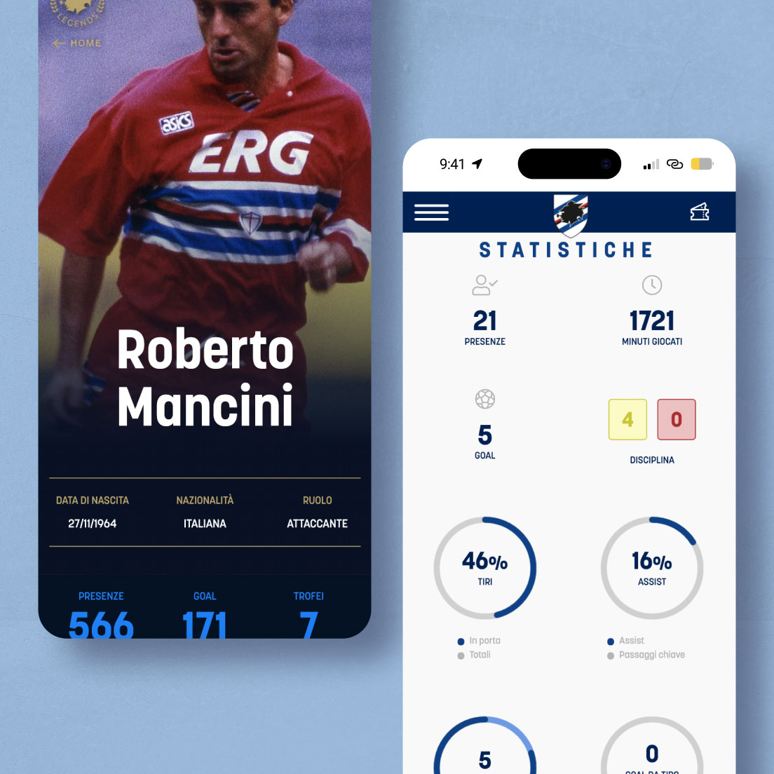 /cmsPagina con dati del singolo giocatore per il sito Sampdoria, in visualizzazione mobile