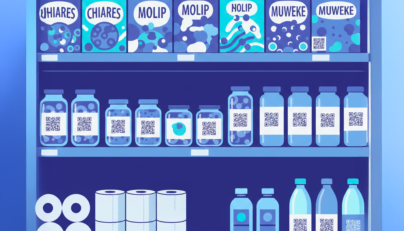 Illustrazione prodotti a scaffale in supermercato