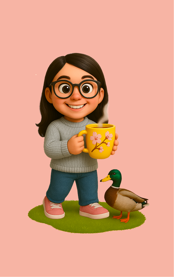 Immagine stilizzata in versione cartoon di Matilde, mentre beve una tazza di tè con a fianco il suo animale preferito, un germano reale