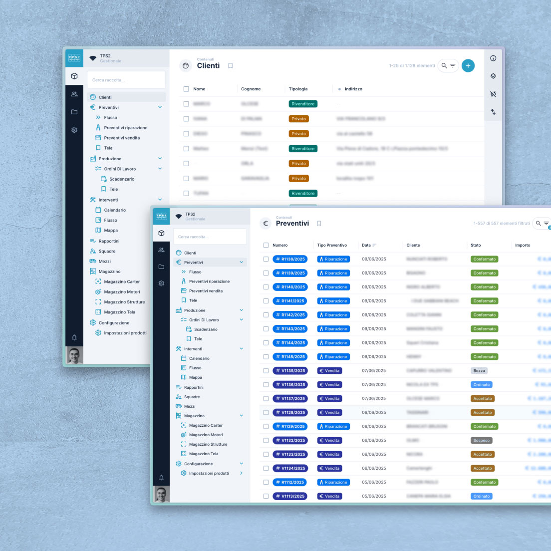 /cmsSchermate del software gestionale per tps2, visualizzazione clienti e ordini suddivisi per categorie